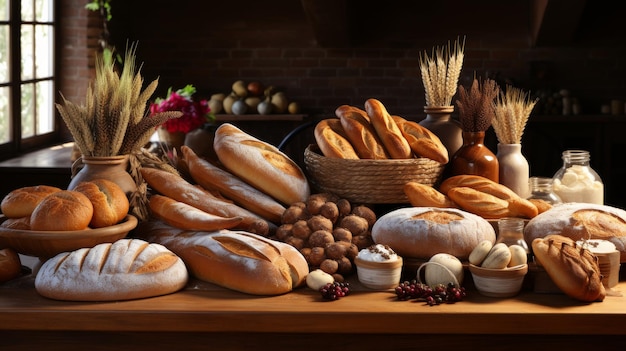 Photo une exposition créative de pâtisseries et de pains, des croissants aux pains entiers, augmente l'assortiment.