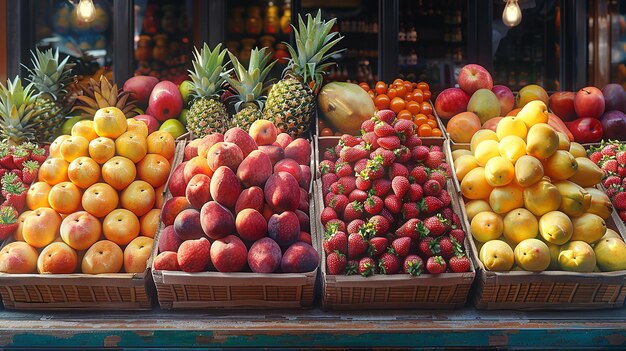 Photo une exposition de différents fruits, y compris des ananas, des ananas et d'autres fruits