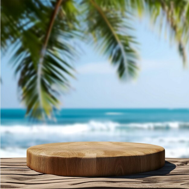 exposition du produit sur un podium en bois avec une plage tropicale de mer floue