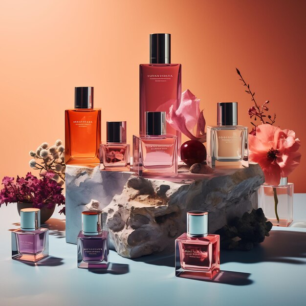 une exposition de flacons de parfum et l'un d'eux a un fond rose