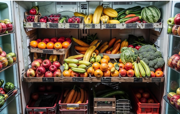 une exposition de fruits et légumes, y compris des bananes de courgette et des tomates