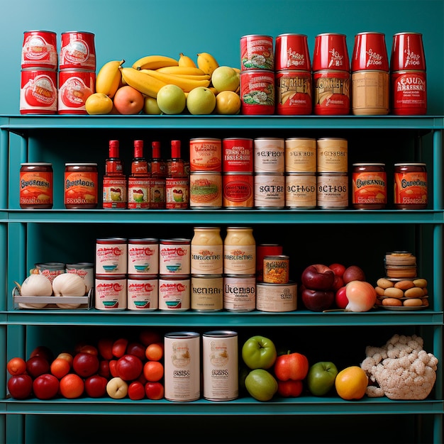 Photo exposition d'images générées par l'ia d'aliments en conserve et en conserve dans les supermarchés