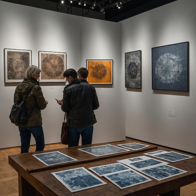 Une exposition d'impressions xylographiques exposée dans une galerie où les visiteurs admirent les riches textures d'une