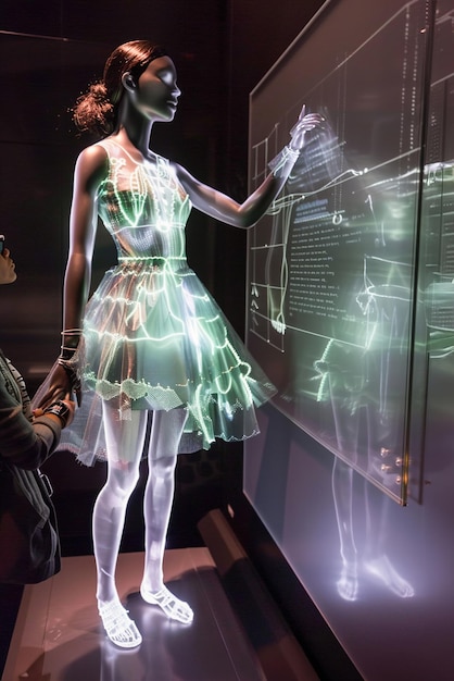 Exposition de mode interactive Dans une boutique haut de gamme, un mannequin porte une robe de designer avec des capteurs tactiles