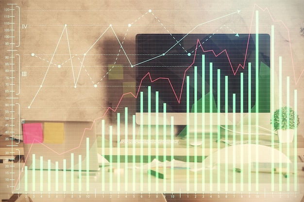 Exposition multiple du dessin graphique financier et de l'arrière-plan intérieur du bureau Concept d'analyse de marché