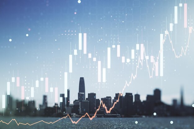 Exposition multiple d'hologramme de graphique financier virtuel abstrait sur fond d'horizon de San Francisco forex et concept d'investissement