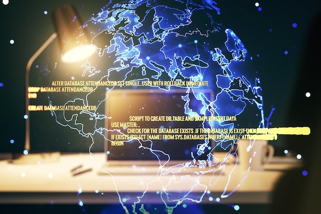 Exposition multiple d'hologramme de langage de programmation abstrait avec carte du monde sur fond d'ordinateur concept d'intelligence artificielle et de réseaux de neurones