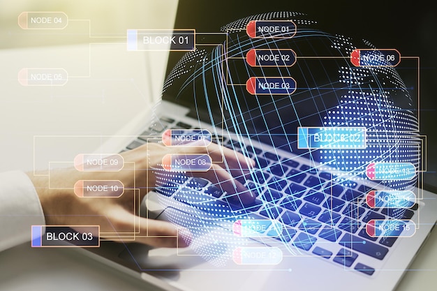 Exposition multiple d'hologramme de langage de programmation abstrait avec carte du monde et mains tapant sur le clavier de l'ordinateur sur fond d'intelligence artificielle et concept de réseaux de neurones