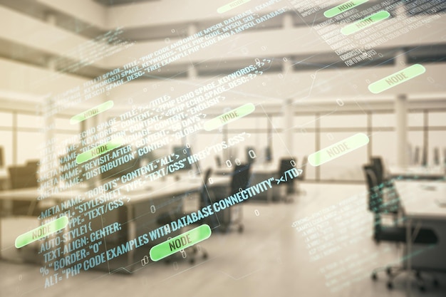 Exposition multiple d'hologramme de langage de programmation abstrait sur un fond intérieur de bureau meublé moderne, intelligence artificielle et concept d'apprentissage automatique