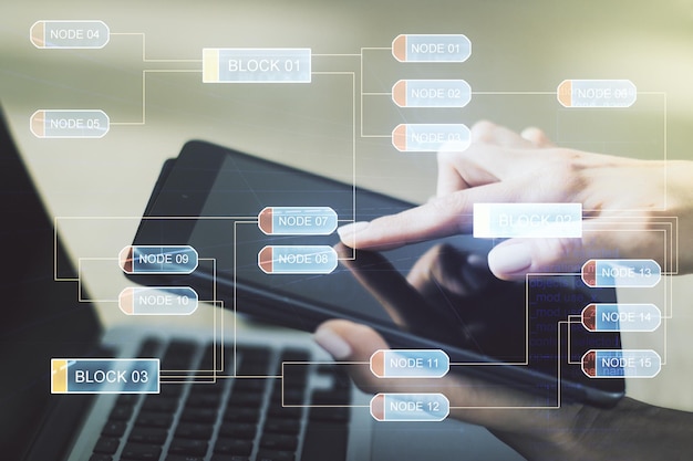 Exposition multiple d'hologrammes de développement de logiciels abstraits et de pressions de doigt sur une tablette numérique sur le concept de recherche et d'analyse en arrière-plan