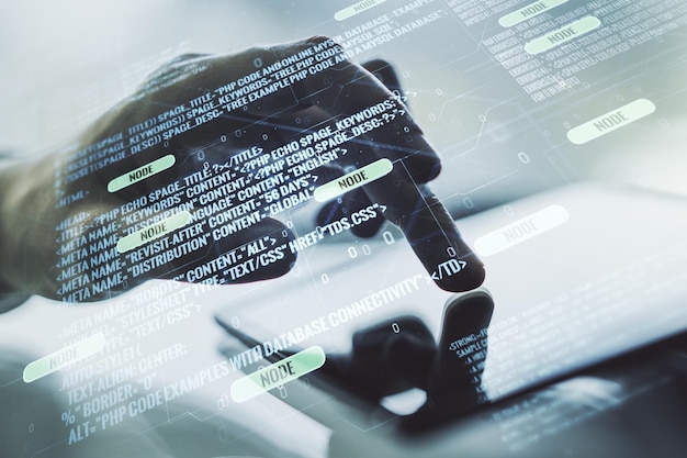Exposition multiple d'hologrammes de développement de logiciels abstraits et de pressions de doigt sur une tablette numérique sur le concept de recherche et d'analyse en arrière-plan