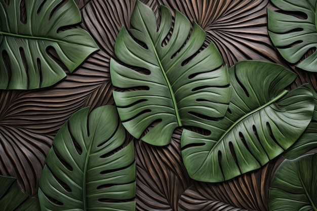 Une exposition naturelle et animée avec des feuilles de Monstera vibrantes sur un panneau de bois texturé