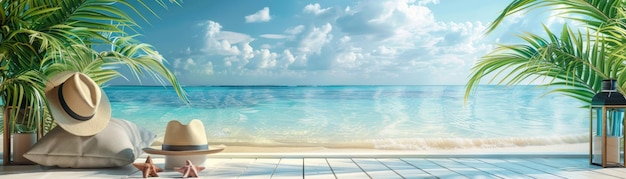 Exposition panoramique d'accessoires d'été sur un podium avec la mer tropicale cristalline
