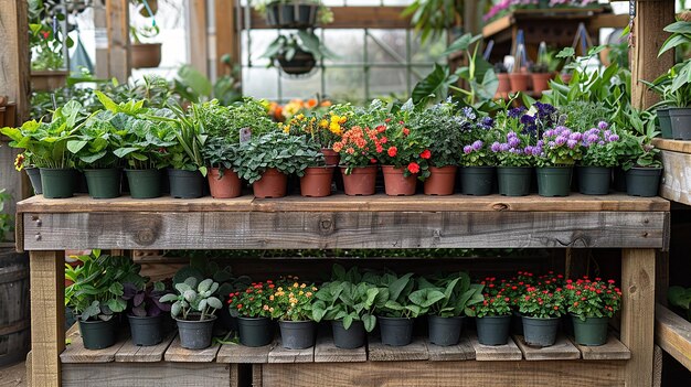 Photo une exposition de plantes en pot et de fleurs sur une étagère