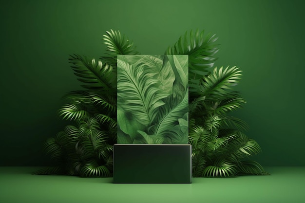Exposition sur le podium avec un fond vert de feuilles tropicales sur le mur