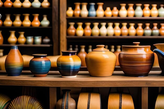 Une exposition de poterie dans un magasin avec un mur de pots.