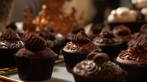 une exposition présentant des cupcakes au chocolat artisanaux avec des décorations complexes