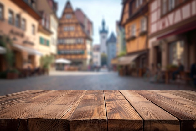 Exposition de produits en bois altérés avec la vieille ville européenne en arrière-plan