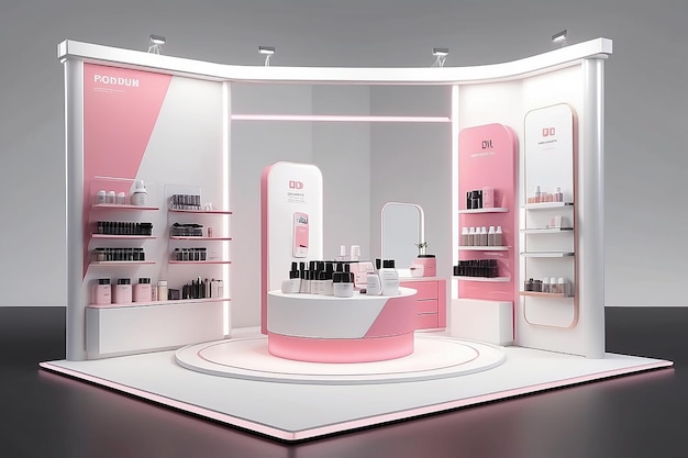 Exposition de produits cosmétiques sur podium en 3D