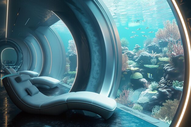 Photo une exposition sous-marine avec un grand aquarium sous-marin en arrière-plan