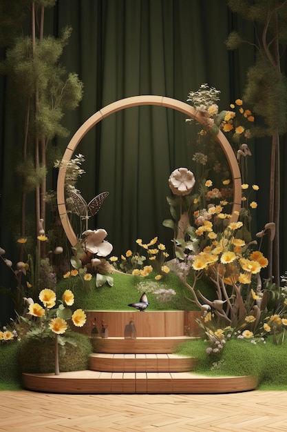 Exposition de stand publicitaire de produits de scénographie en bois avec des éléments complémentaires tels que des fleurs