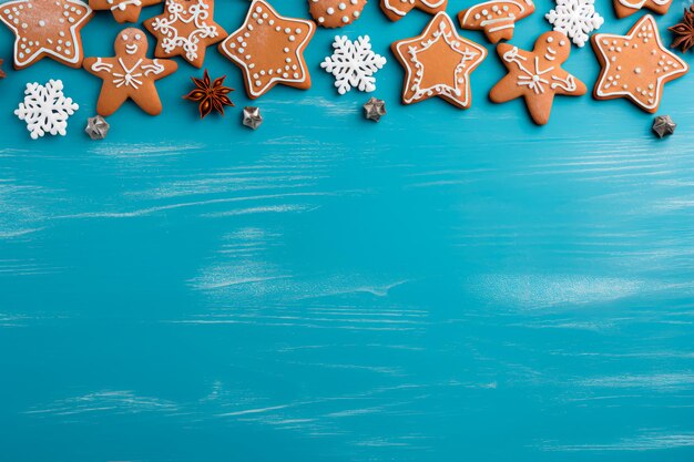 Exposition de vacances de biscuits au pain d'épice sur un fond en bois bleu Ensemble charmant