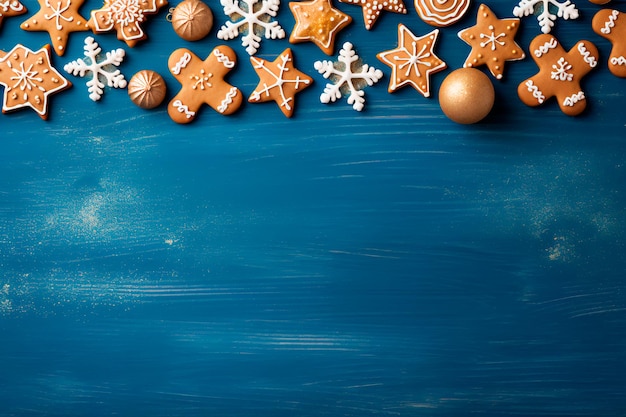 Exposition de vacances de biscuits au pain d'épice sur un fond en bois bleu Ensemble charmant