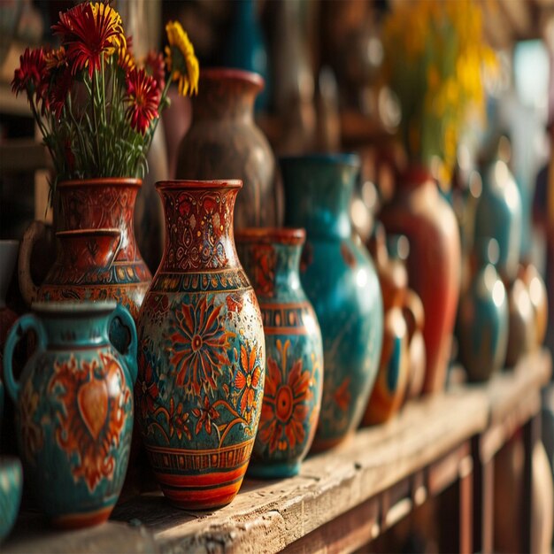 Une exposition de vases colorés sur une table en bois