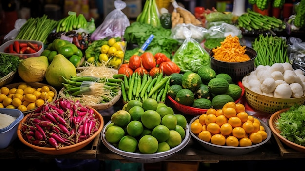 Des expositions colorées de produits frais par des vendeurs de rue thaïlandais