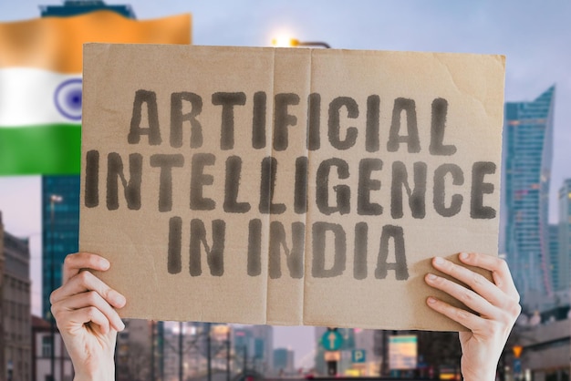 L'expression intelligence artificielle en Inde est sur une bannière entre les mains des hommes avec un arrière-plan flou Service Computer Digital Artificial Intelligence Automated Automation Control Engineer