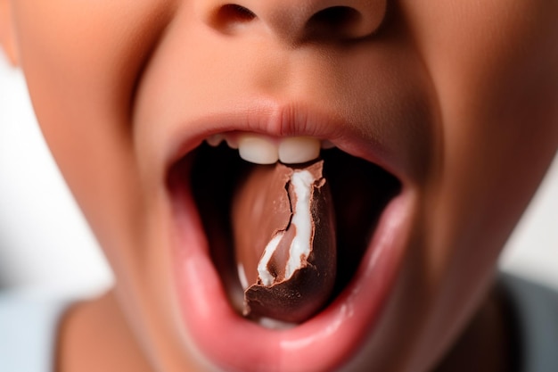 Expression de plaisir en gros plan d'un enfant savourant un généreux morceau de chocolat