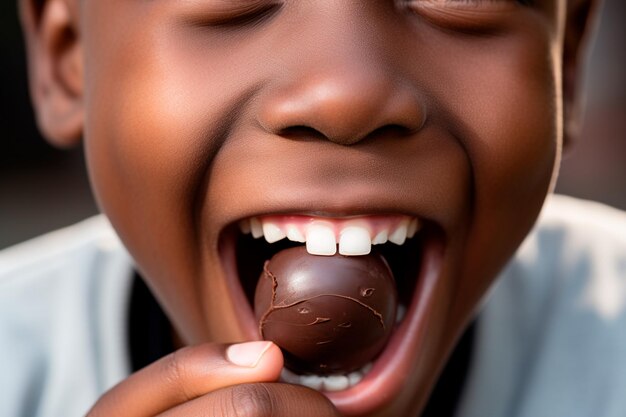 Expression de plaisir en gros plan d'un enfant savourant un généreux morceau de chocolat