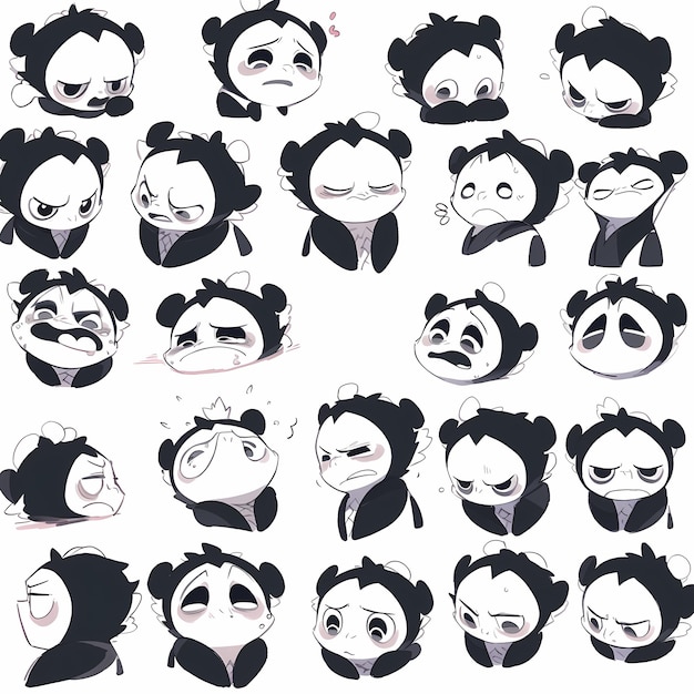 Des expressions capricieuses du panda Carte à colorier avec une variété d'émotions