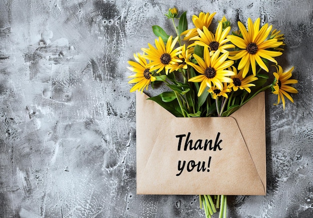 Exprimant sa gratitude à la nature, un bouquet de fleurs jaunes vifs sortant d'une enveloppe avec l'inscription "Merci" sur un fond texturé.
