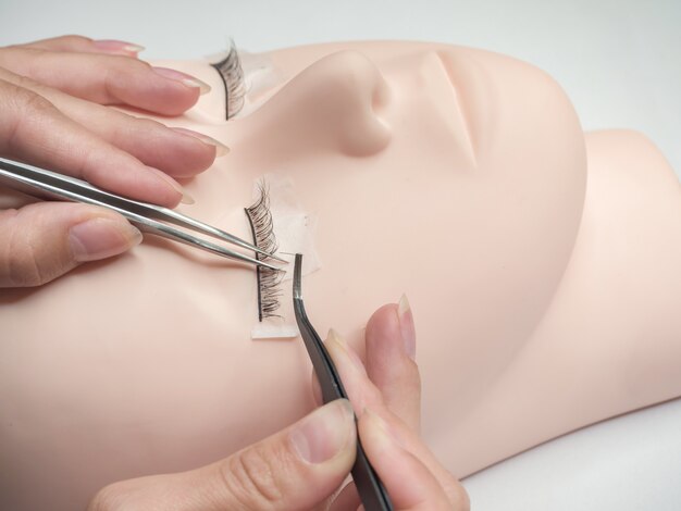 Extensions de cils d'entraînement. Travail sur la coloration des cils sur un mannequin.