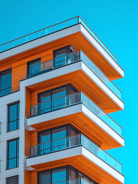 L'extérieur d'un appartement moderne contre le ciel bleu à la lumière du jour