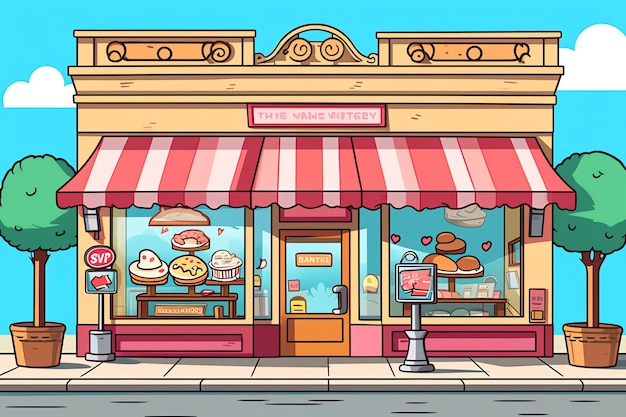 Photo l'extérieur d'un bâtiment de boulangerie ou d'un paysage de rue de restaurant avec une enseigne en style dessin animé