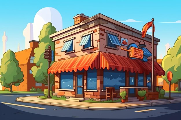 L'extérieur d'un bâtiment de boulangerie ou d'un paysage de rue de restaurant avec une enseigne en style dessin animé