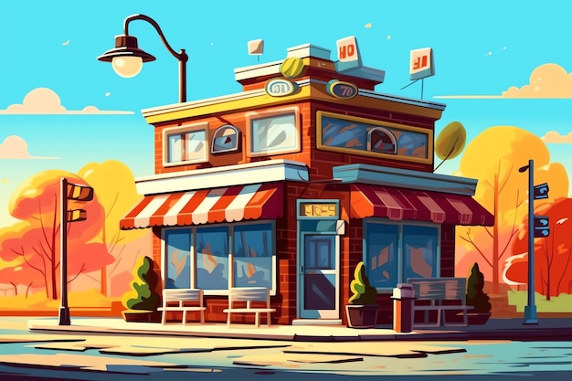 Photo l'extérieur d'un bâtiment de boulangerie ou d'un paysage de rue de restaurant avec une enseigne en style dessin animé