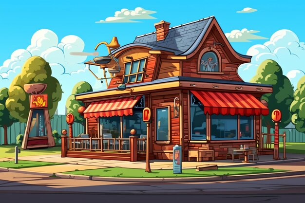 Photo l'extérieur d'un bâtiment de boulangerie ou d'un paysage de rue de restaurant avec une enseigne en style dessin animé