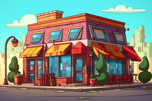 Photo l'extérieur d'un bâtiment de boulangerie ou d'un paysage de rue de restaurant avec une enseigne en style dessin animé