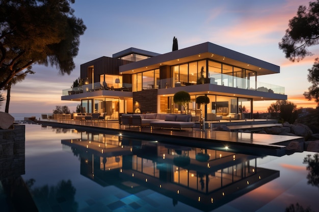 Extérieur d'une belle maison moderne avec panneaux solaires sur le toit Villa de luxe avec terrasse piscine