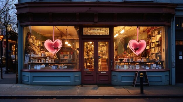 L'extérieur charmant d'une librairie vintage avec des vitrines sur le thème de la Saint-Valentin