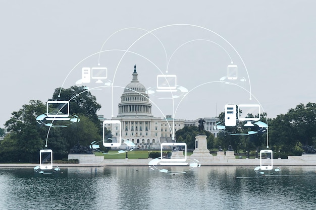 Extérieur du bâtiment du dôme du Capitole Washington DC États-Unis Accueil du Congrès et de la colline du Capitole Système politique américain Hologramme des médias sociaux Concept de mise en réseau et d'établissement de nouvelles relations entre les personnes