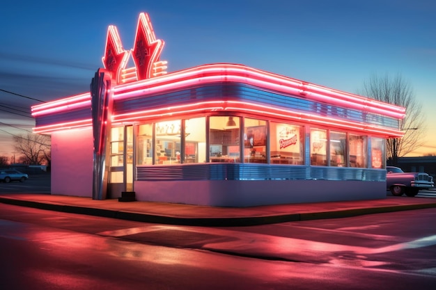 Extérieur du restaurant classique avec néons et signalisation créés avec l'IA générative