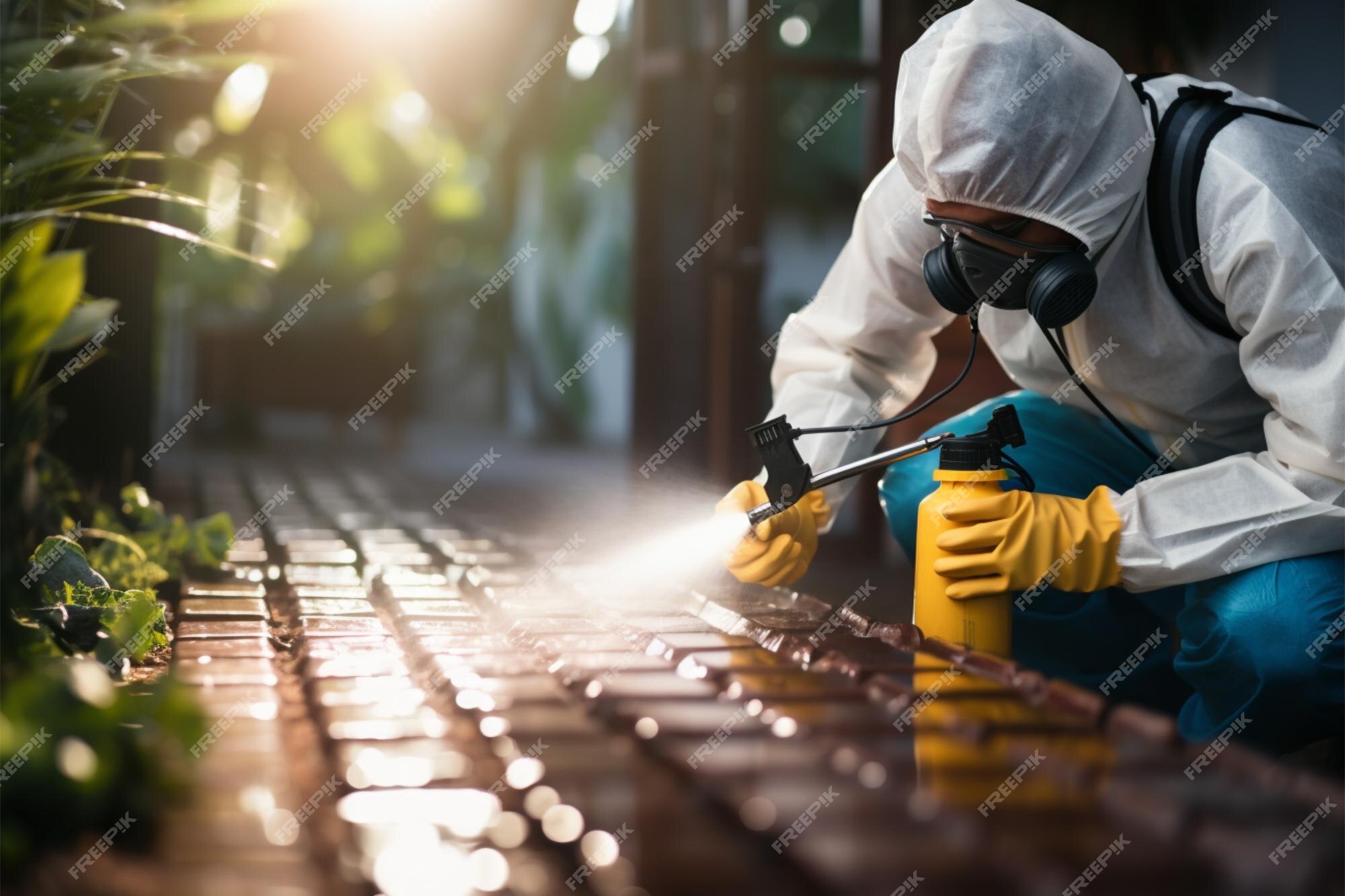 À L'extérieur, Un Exterminateur Professionnel Applique Le Pesticide Avec  Précision à L'aide D'un Pulvérisateur