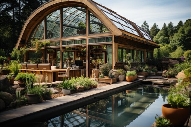 À l'extérieur de la fenêtre une petite oasis avec des cocotiers et de l'herbe dans le grand désert sans fin