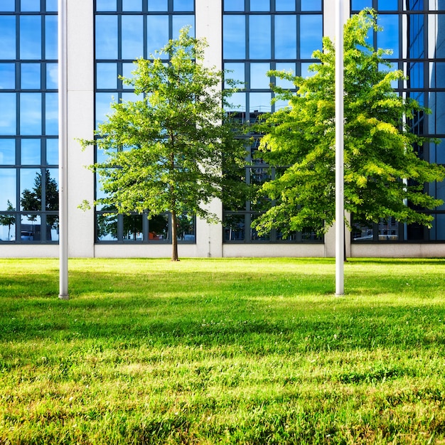 Extérieur de l'immeuble de bureaux en verre moderne. Cour arrière avec pelouse et arbres. Concept d'entreprise et de réussite