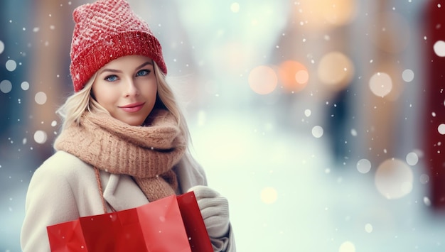 Photo À l'extérieur, jeune belle femme de mode en manteau d'hiver élégant tenant un sac à provisions rouge posant sur l'espace de copie de la rue enneigée de la ville