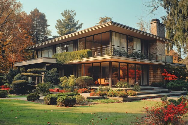 extérieur d'une maison de campagne de luxe moderne avec une conception paysagère du jardin